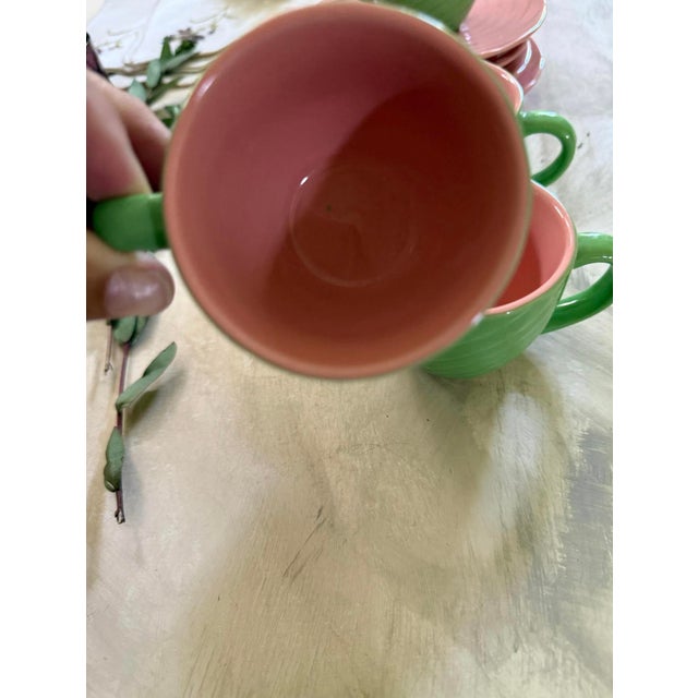 Ceramic 1950s Set of Four (4) MCM Teacups With Saucers in Pink and Green For Sale - Image 7 of 10