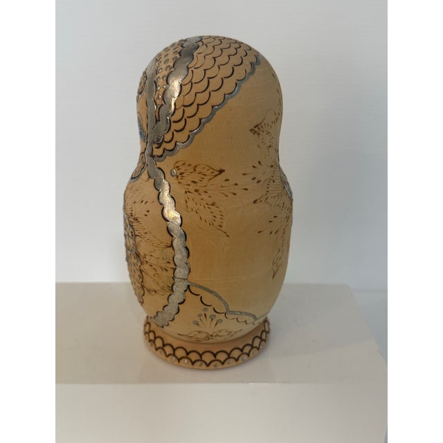 Signed Soviet Russian Matryoshka Nesting Doll Set W/ Pyrography Decor 6.25” Tall For Sale - Image 11 of 12