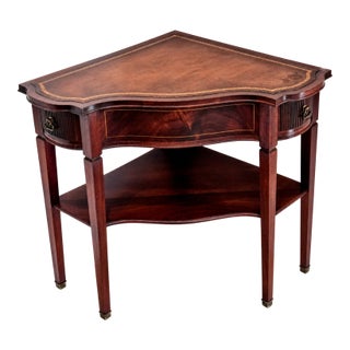 Mahogany Corner Console Table With Leather Top – Vintage Accent Table, Corner Hall Table, Brass Detail For Sale