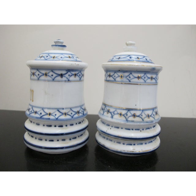 Victorian German Antique 19th Century Blue & White Porcelain Apothecary or Spice Jar Pair For Sale - Image 3 of 7