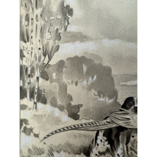 American Original Signed Graphite Illustration of Hunting Dog Retrieving Pheasant, 7.25 × 9 In. For Sale - Image 3 of 6