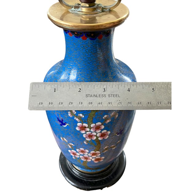 Antique 19th Century Chinese Cloisonné Vase Lamp With Cherry Blossoms & Swallows on Cobalt Blue Ground, 18" For Sale - Image 13 of 15