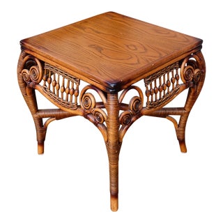 1970s Dark Rattan Side Table For Sale