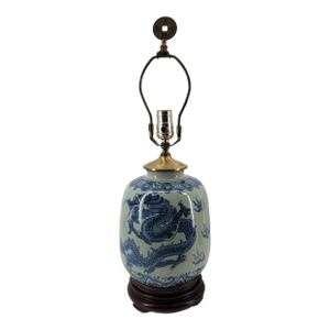 Vintage Chinoiserie Blue and White Dragon Ginger Jar Lamp | Wood Base | Coin Finial