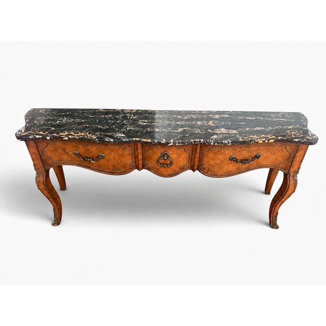1970s 1970s Monumental Mastercraft Burl Wood & Black Marble Console Table, 80” For Sale - Image 5 of 16