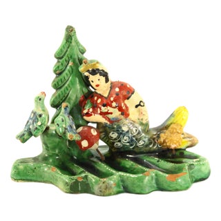 Ea. 1900's Painted Terracotta Mermaid in Forest Figurine Whimsical Folk Art For Sale