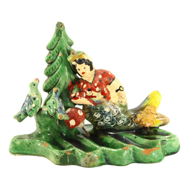 Ea. 1900's Painted Terracotta Mermaid in Forest Figurine Whimsical Folk Art For Sale