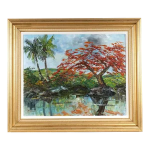Lakeside Red Tree Oil on Canvas in Gilt Frame