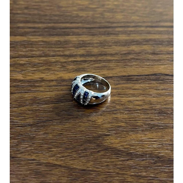 Blue Sapphire Precision Square Cut Diamonds 14k White Gold Statement Band Ring, Size 7 For Sale In Washington DC - Image 6 of 12