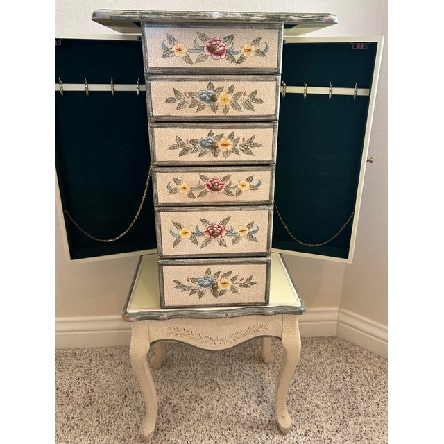 Hand-Painted Floral Jewelry Armoire Cabinet With Mirror & Storage For Sale - Image 6 of 10