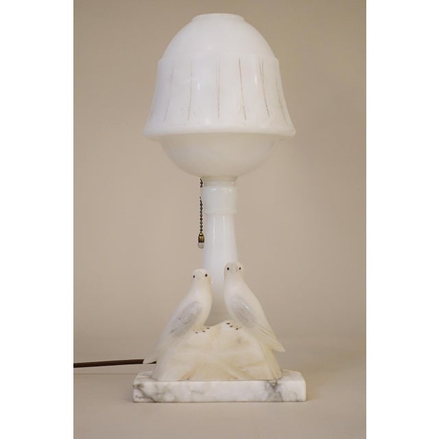 1930s Art Deco Carved Alabaster Marble Two Love Birds Sculpture FairyTable Lamp Italy For Sale In Los Angeles - Image 6 of 14