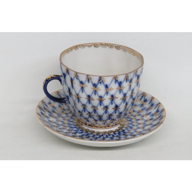 Traditional Lomonosov Demitasse Cobalt Net Blue Bone China Tea Cup and Saucer Set 4652b For Sale - Image 3 of 14