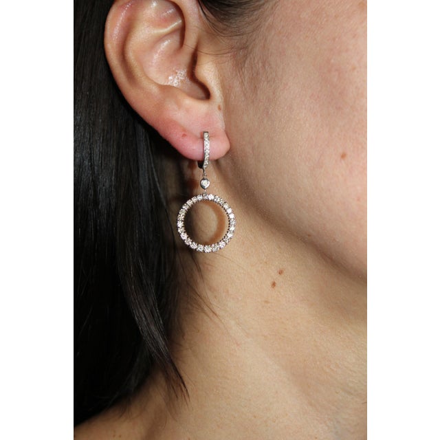 Metal 2 Carat Round Circle Shape Brilliant Cut Diamond Hoop 14 Karat White Gold Huggies, A Pair For Sale - Image 7 of 10