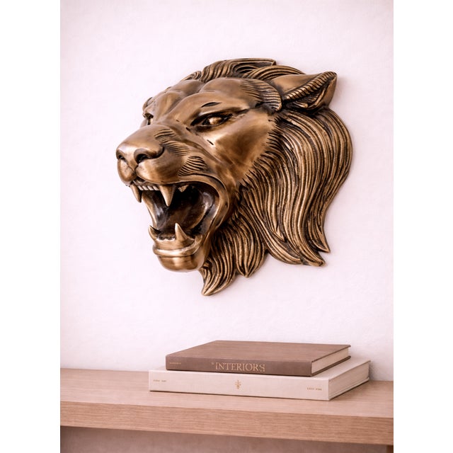 Antique Copper Finish Metal Lion Head Wall Sculptures For Sale - Image 4 of 9