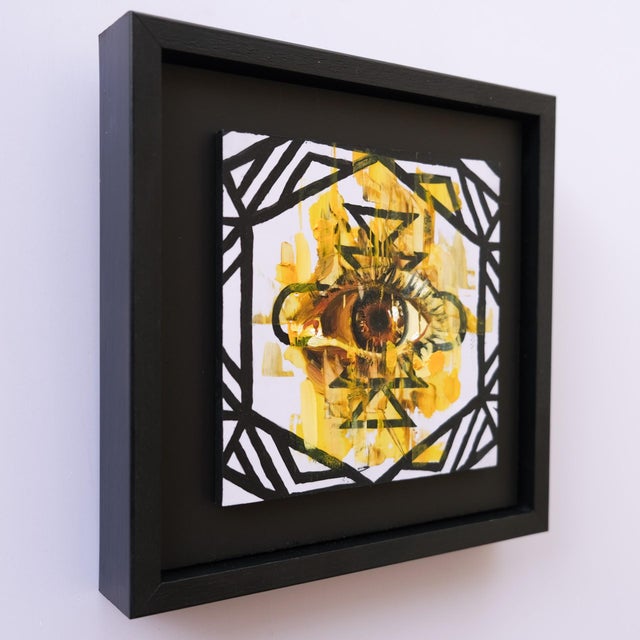 Abstract Embers Stare 2 by Stefan Smit | Oil on Panel Eye with geometric patterns and yellow background For Sale - Image 3 of 5