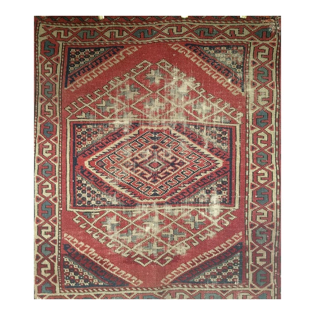 19th Century Antique Turkish Village Rug, Handwoven Wool, Geometric, 1900s, 3' x 3' For Sale