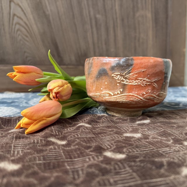 Japanese Aka-Raku Matcha Chawan with Flying Fish, 1970s For Sale - Image 3 of 13