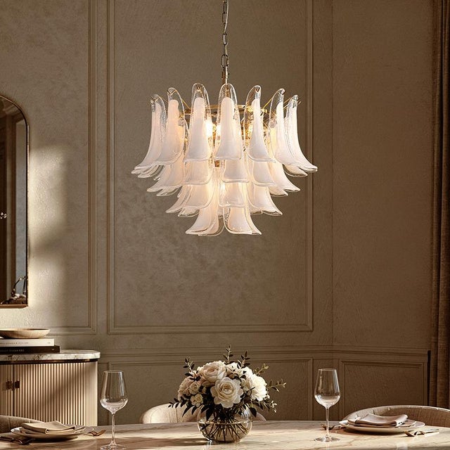 2020s Aloadecor 24'' Wide Vintage Mid-Century Modern Chandelier 4-Light 4-Tier White Art Glass Pendant With Antique Bronze Finish For Sale - Image 5 of 9