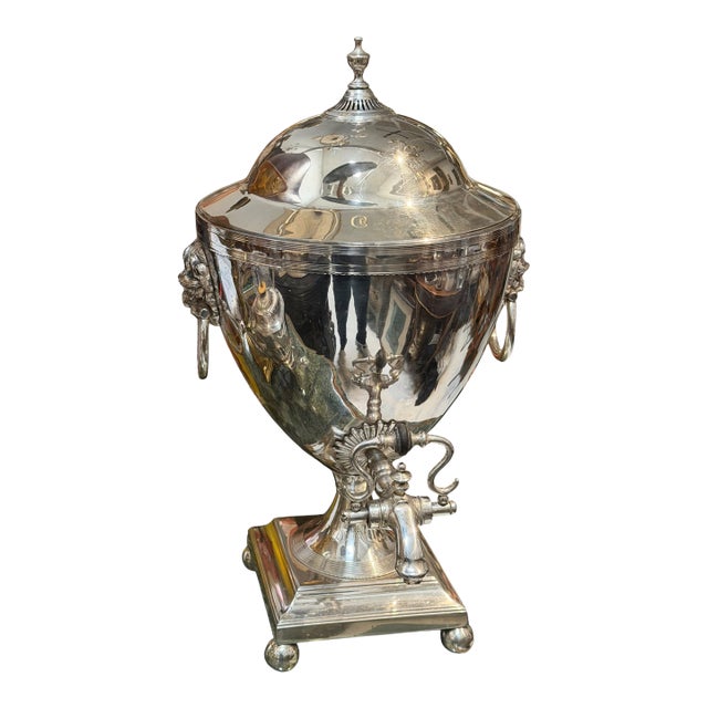 Antique Regency Style Silver Samovar With Lion Heads & Original Heater For Sale
