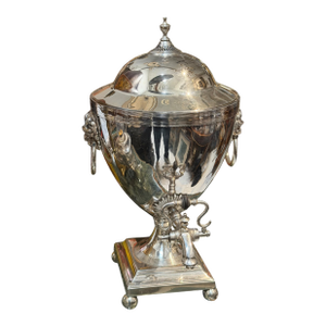 Antique Regency Style Silver Samovar With Lion Heads & Original Heater