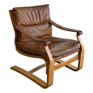 In Style of Åke Fribytter Brown Leather Lounge Chair Swedish Mid-Century Modern 1970s For Sale