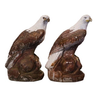 Pair of Vintage French Concrete Weathered and Painted Outdoor Eagle Sculptures For Sale