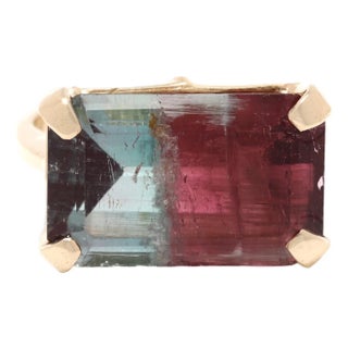 9.4ctw Parti-Colored Tourmaline Horizontal Ring, 14k Yellow Gold, Ring Size 4 For Sale