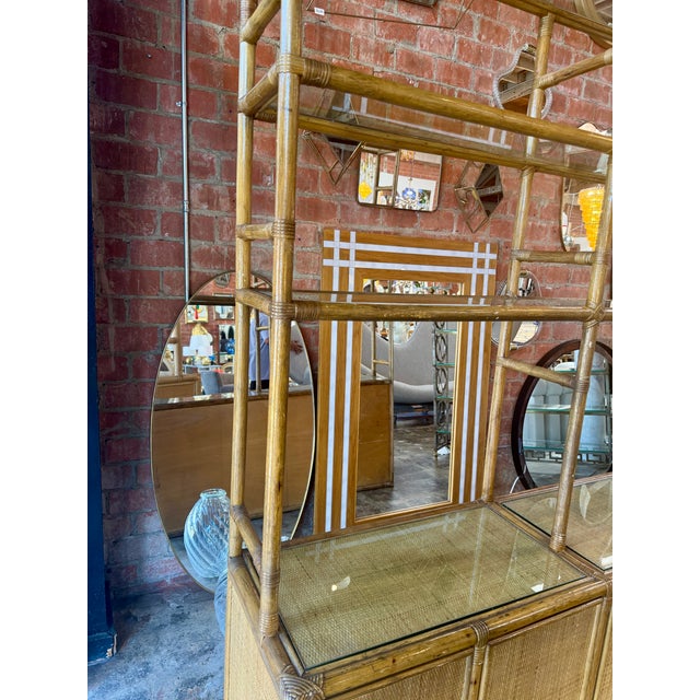 Wood Vintage Coastal Rattan Etagere Cabinet With Glass Shelves For Sale - Image 7 of 8