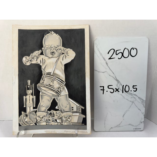 Paper 1940s Original Signed Graphite Illustration of Crying Child With Drum and Trumpet, 10.5 × 7.5 In. For Sale - Image 7 of 7