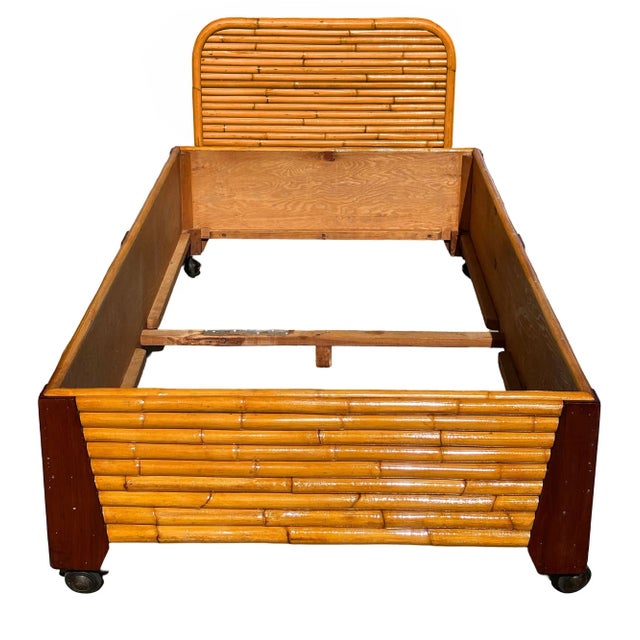 The Restored Stacked Rattan and Mahogany Corners Twin Bed Frame combines Hawaiian themes with Art Deco Design. The bed...