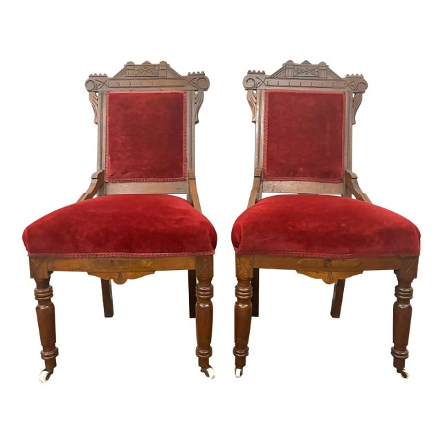 Antique 19th Century Victorian Eastlake Crushed Red Velvet Parlor Side Chairs For Sale