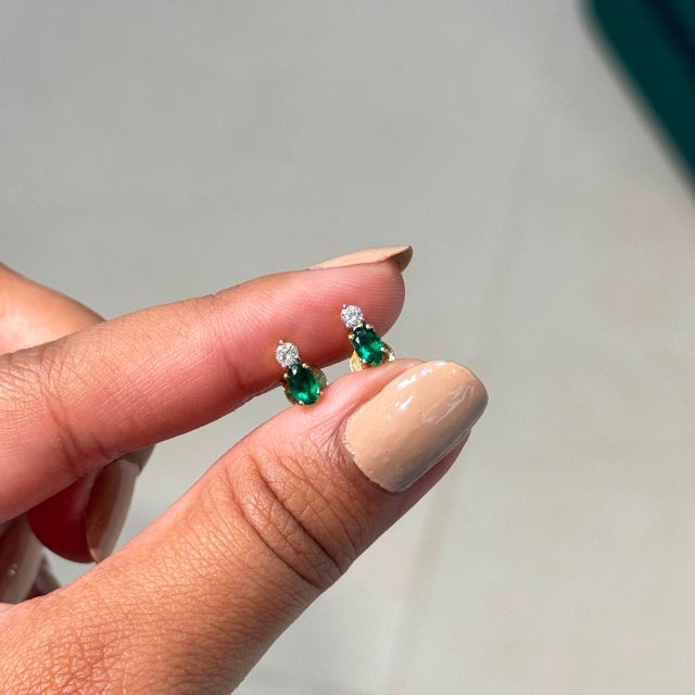 Not Yet Made - Made To Order Asian Modern Emerald & Diamond Oval Stud Earrings in 14k Yellow Gold- A Pair For Sale - Image 5 of 14