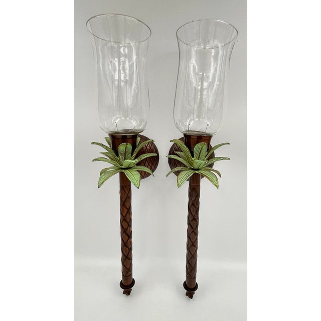 Bronze Vintage 1990s Metal Palm Tree Candle Wall Sconces With Glass Hurricane Shades - A Pair For Sale - Image 8 of 12