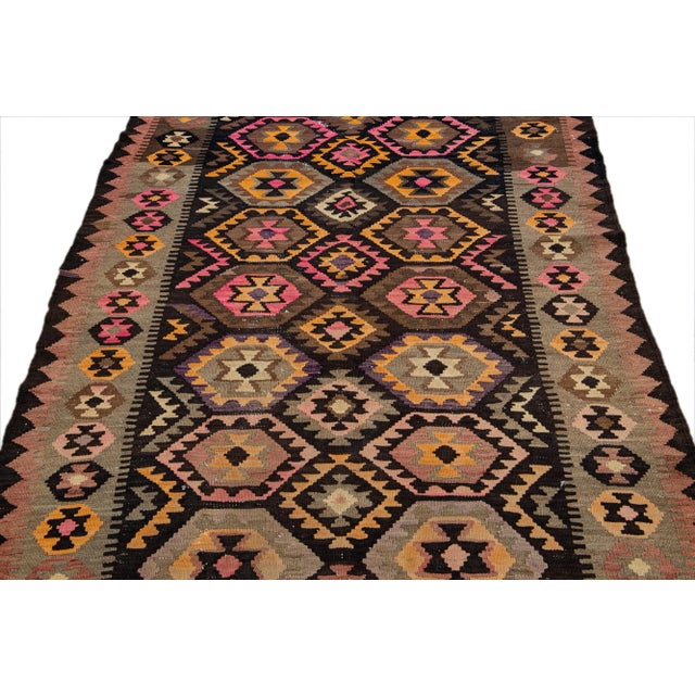 Tribal Vintage Kilim Brown Handmade Flatweave Geometric Motif Wool Runner For Sale - Image 3 of 11