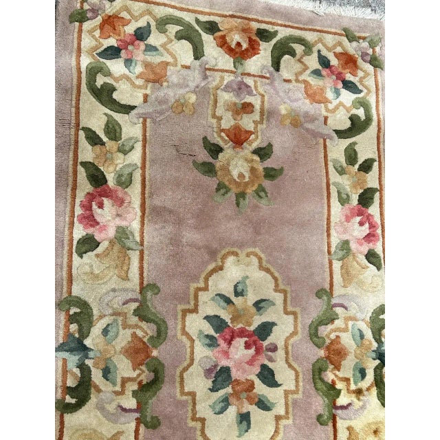 Beautiful mid century Chinese rug with an art deco style design and nice colours with a light purple field, orange, green,...