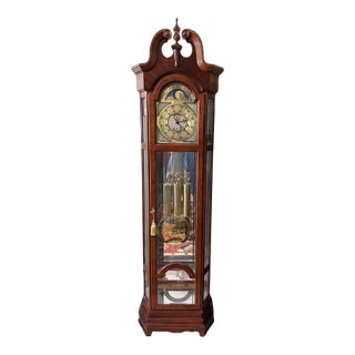Ridgeway Solid Cherry Grandfather Clock With Illuminated Moon Dial For Sale