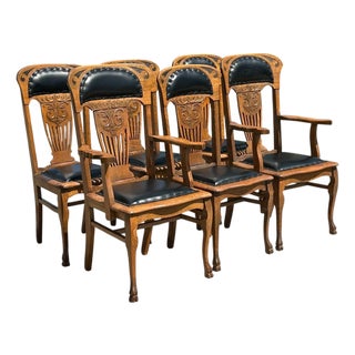 Antique Victorian Set of Six Tiger Oak Dining Chairs Leather Seats & Headrests For Sale