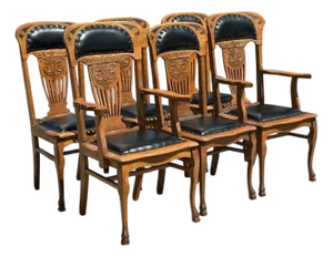 Antique Victorian Set of Six Tiger Oak Dining Chairs Leather Seats & Headrests