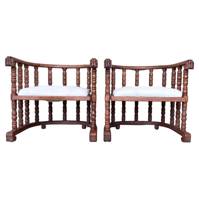 Early 20th Century Pair of Spanish Slatted Barrel Back Hand Carved Chairs For Sale - Image 15 of 18