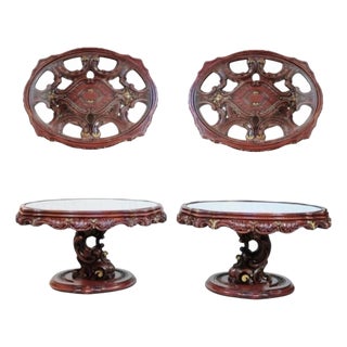 Vintage Mediterranean Style Carved Syroco Glass Top Round Low End Tables - Pair For Sale