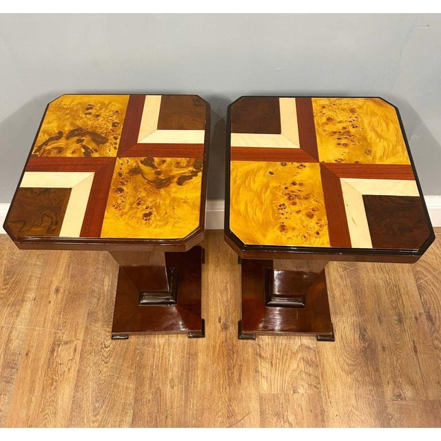 Brown Art Deco Inlaid Pedestal Side Tables, Set of 2 For Sale - Image 8 of 16