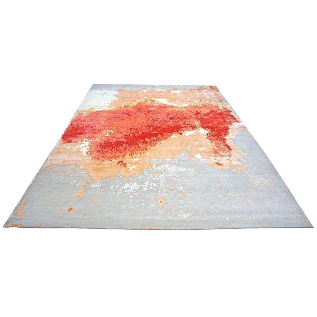 Modern Indo-Nepalese Modern Wool & Silk 9x12 Grey, Orange, & Red Handmade Area Rug #1144036 For Sale - Image 3 of 7
