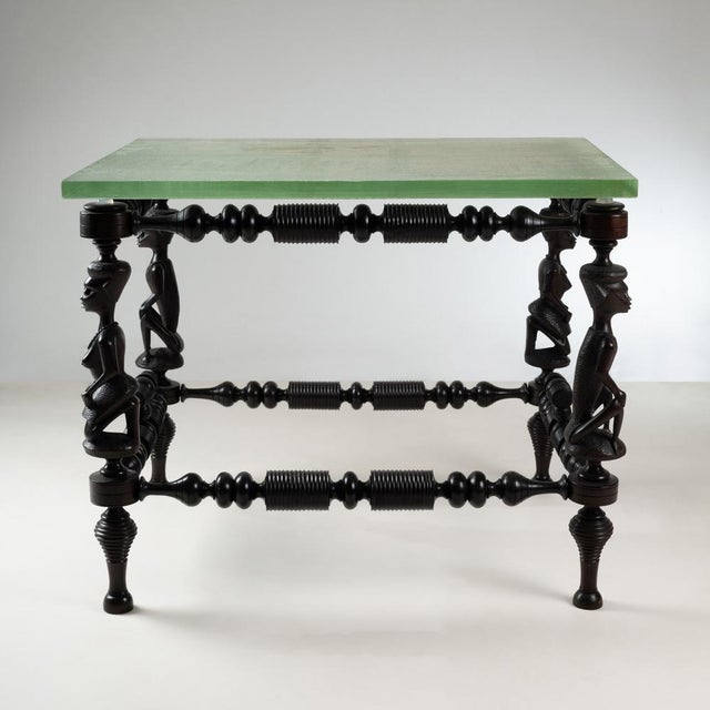 Africanist Style Table in Blackened Pear Wood with Saint-Gobain Glass Top, 1940s For Sale - Image 6 of 6