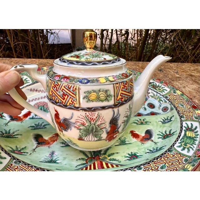 Red Vintage Chinese Hand Painted Porcelain Rooster Chinoiserie Motif 14 Piece Tea Set For Sale - Image 8 of 12