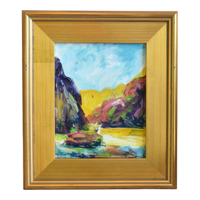 Colorful Flowers & Mountains Landscape Oil Painting Including the Antiqued Gold Wood Frame For Sale