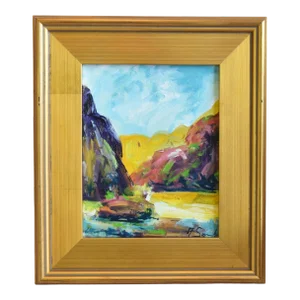 Colorful Flowers & Mountains Landscape Oil Painting Including the Antiqued Gold Wood Frame