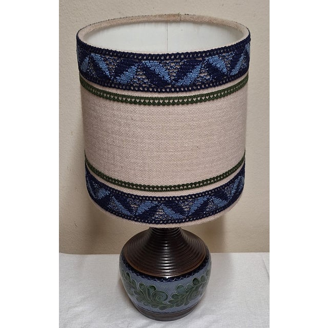 Vintage Table Lamp with Blue-Brown Ceramic Base and Fabric Shade, 1970s For Sale - Image 4 of 8
