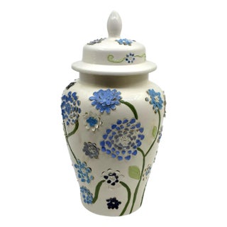 Vintage Textured Blue Foral Urn /Ginger Jar For Sale
