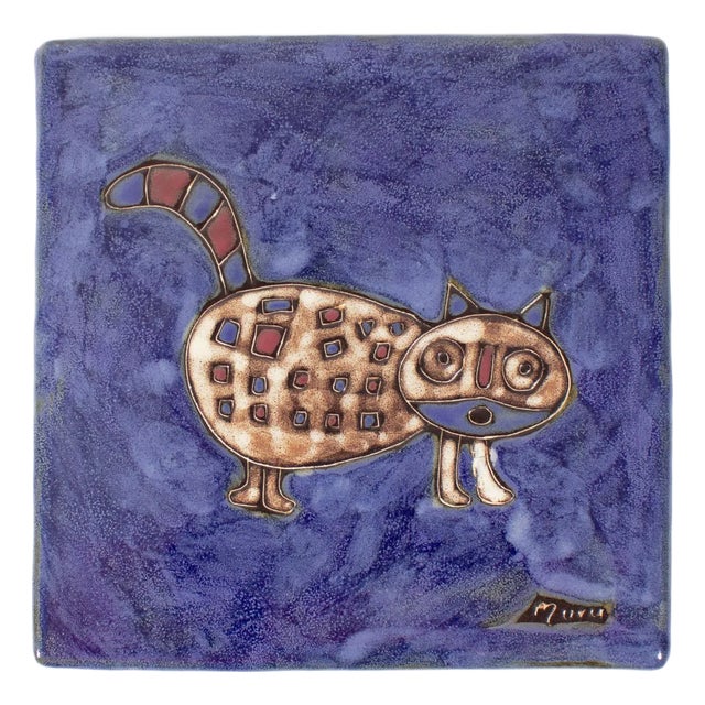 Mexico Ceramic Tile Trivet With Cat Signed Mara For Sale