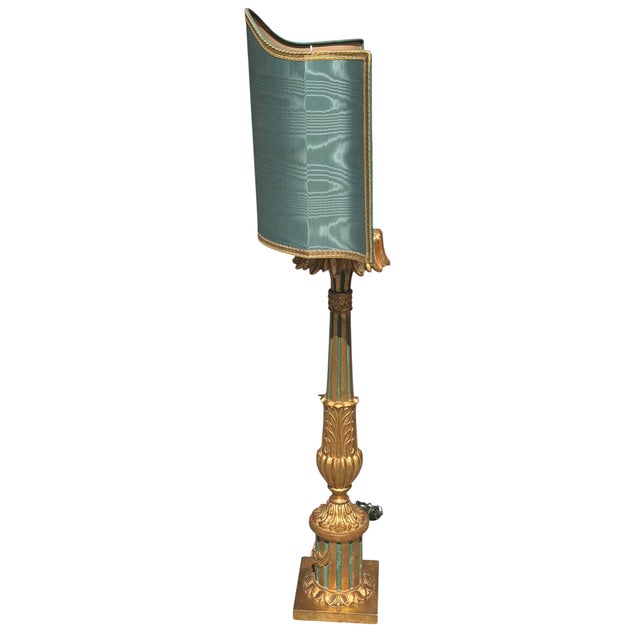 Antique Italian Giltwood Table Lamp With Custom Roman Shade.